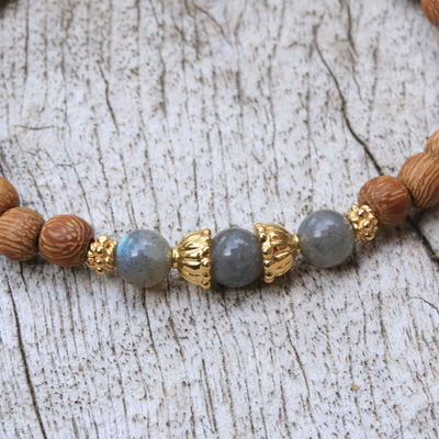 Gold accent wood and labradorite beaded stretch bracelet, 'Batuan Harmony' - Coconut Wood and Labradorite Beaded Stretch Bracelet