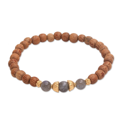 Gold accent wood and labradorite beaded stretch bracelet, 'Batuan Harmony' - Coconut Wood and Labradorite Beaded Stretch Bracelet