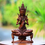 Wood sculpture, 'Indra on Lily' - Wood Sculpture of Hindu God Indra on a Lily from Bali