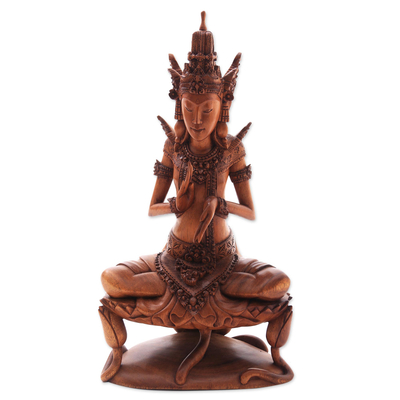 Wood Sculpture of Hindu God Indra on a Lily from Bali