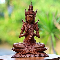 Wood sculpture, 'Indra on Lotus'