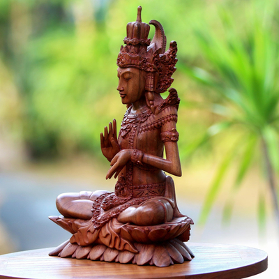 Wood sculpture, 'Indra on Lotus' - Suar Wood Sculpture of Hindu God Indra from Bali