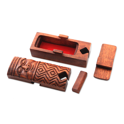 Wood puzzle box, 'Ethnic Tribe' - Ethnic Suar Wood Puzzle Box from Bali