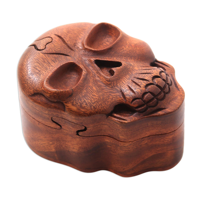 Wood puzzle box, 'Skull Keeper' - Suar Wood Skull Puzzle Box Crafted in Bali