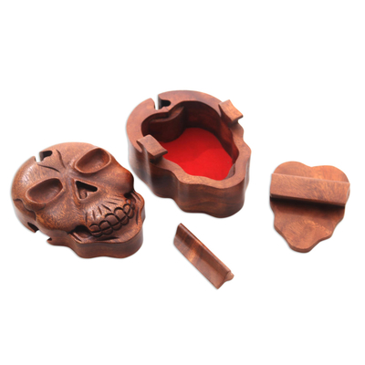 Wood puzzle box, 'Skull Keeper' - Suar Wood Skull Puzzle Box Crafted in Bali