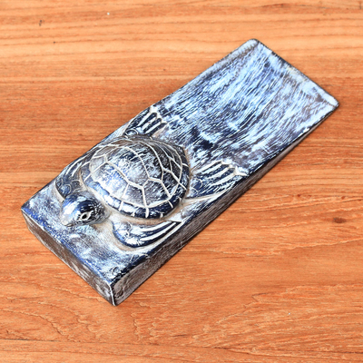 Wood door stopper, 'Whitewashed Baby Turtle' - Whitewashed Baby Turtle Suar Wood Door Stopper from Bali