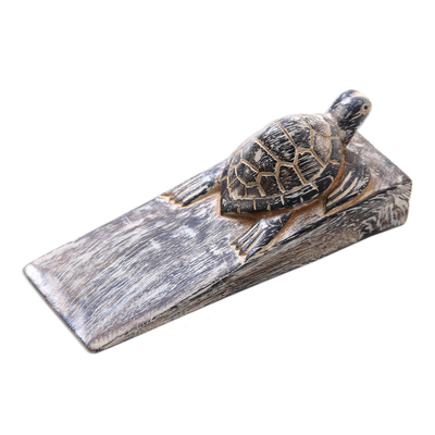 Wood door stopper, 'Whitewashed Baby Turtle' - Whitewashed Baby Turtle Suar Wood Door Stopper from Bali