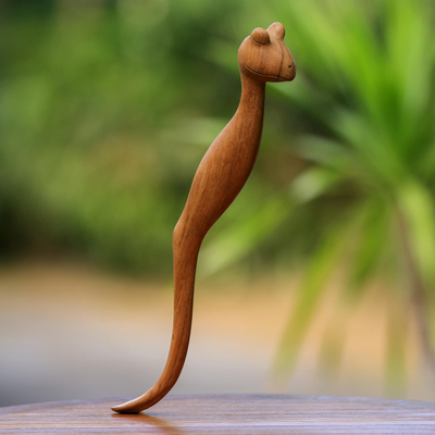Wood back scratcher, 'Sleepy Gecko' - Handmade Suar Wood Gecko Back Scratcher from Bali