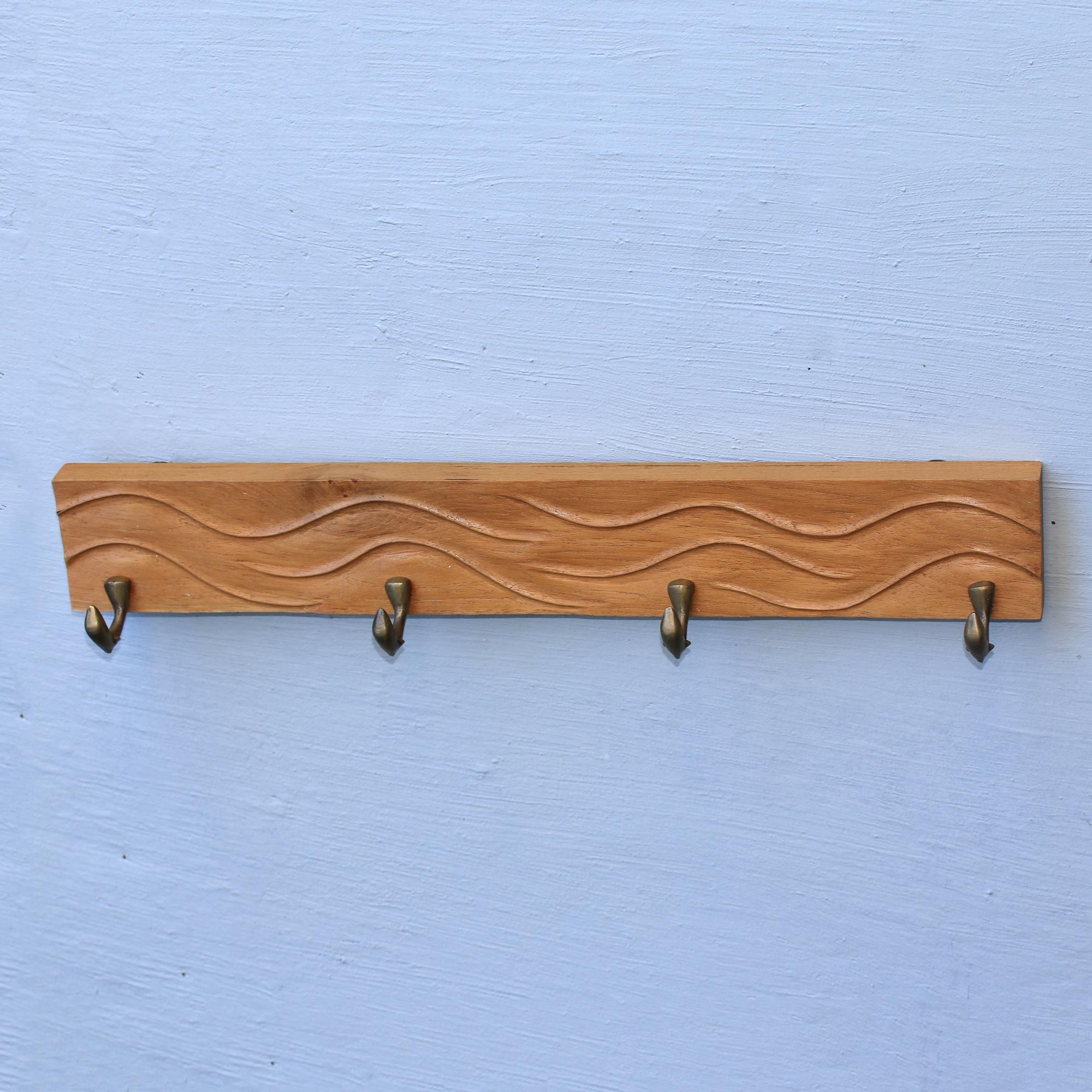 Brown Teak Wood Coat Rack Hanger Handcrafted in Bali Beach Waves NOVICA