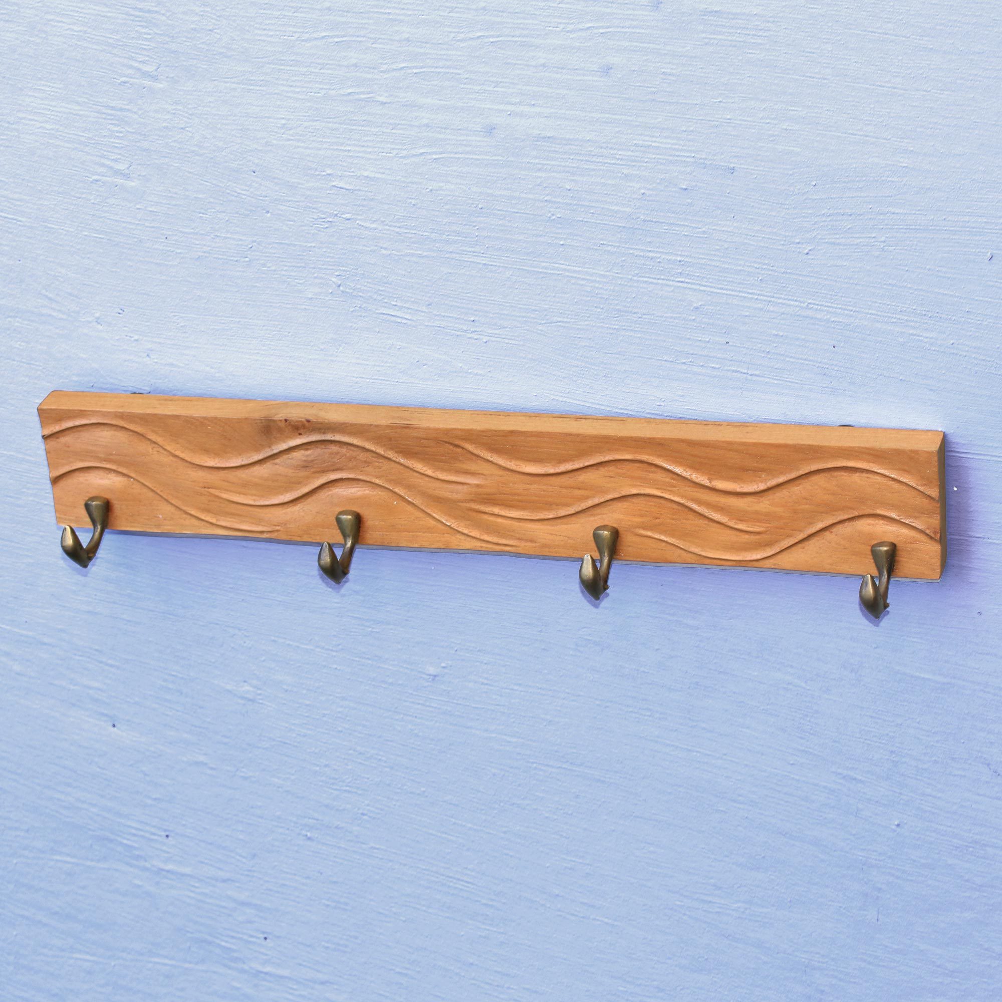 Brown Teak Wood Coat Rack Hanger Handcrafted in Bali Beach Waves NOVICA