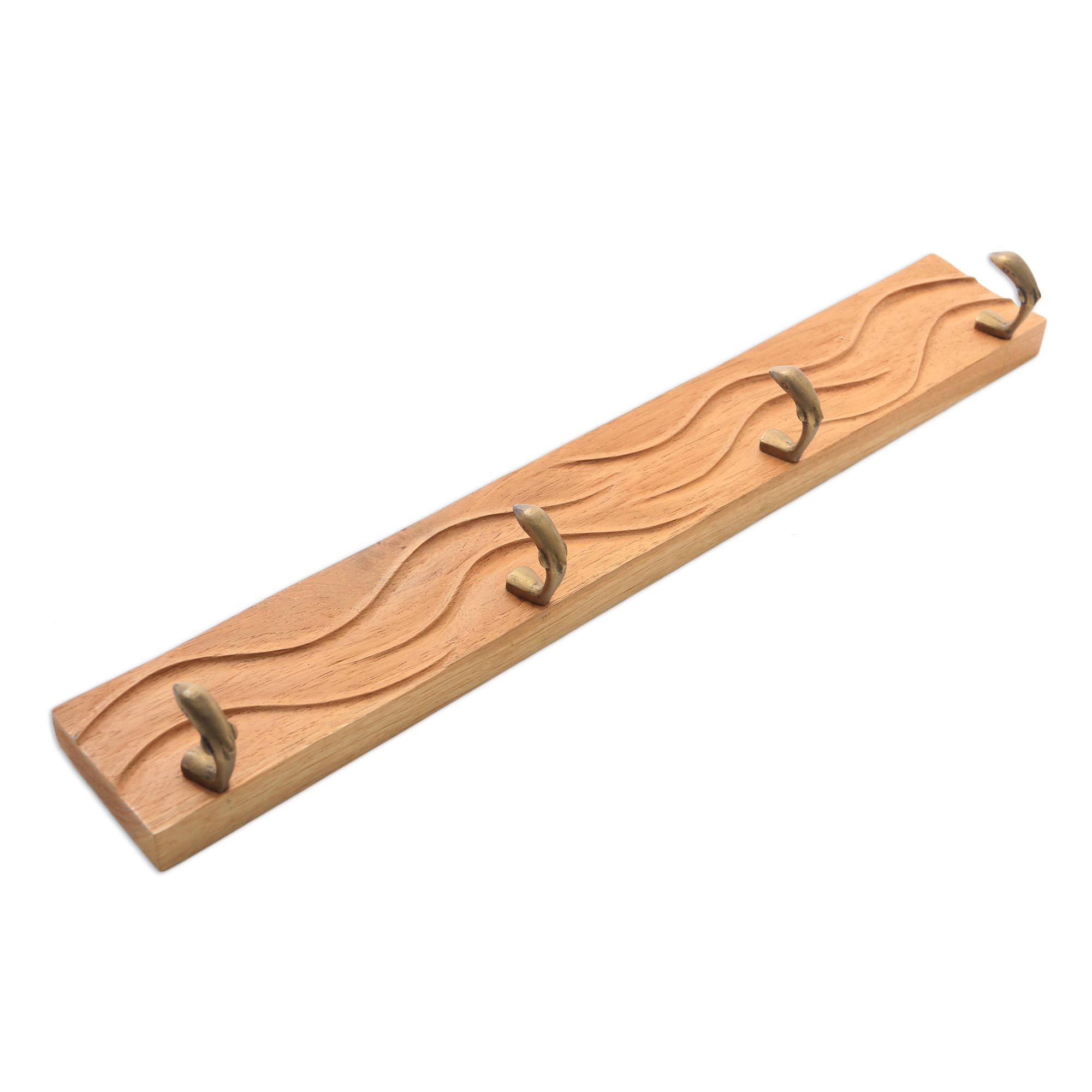 Brown Teak Wood Coat Rack Hanger Handcrafted in Bali Beach Waves NOVICA