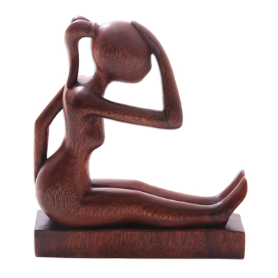Wood sculpture, 'Stretching' - Hand-Carved Suar Wood Stretching Woman Sculpture