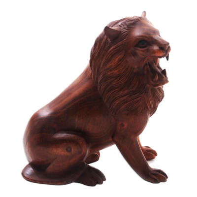 Suar Wood Lion Sculpture Hand-Carved in Bali