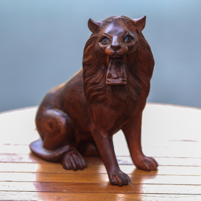 Wood sculpture, 'Jungle King' - Suar Wood Lion Sculpture Hand-Carved in Bali