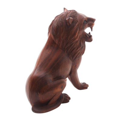 Wood sculpture, 'Jungle King' - Suar Wood Lion Sculpture Hand-Carved in Bali