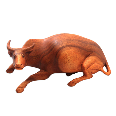 Wood sculpture, 'Resting Buffalo' - Suar Wood Buffalo Sculpture Hand-Carved in Bali