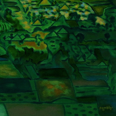 „Landschaft in Sukasada, Buleleng“ (2017) - Impressionistische Landschaftsmalerei in Grün aus Bali (2017)