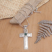 Moonstone and agate cross necklace, 'Faith Cross' - Sterling Silver Cross Pendant Necklace with Agate