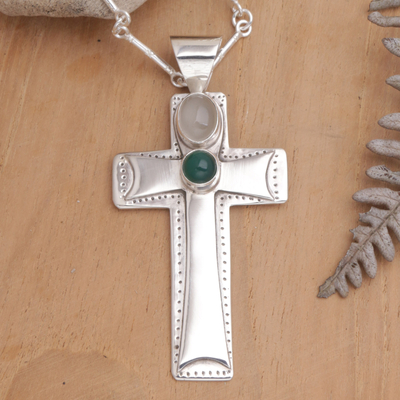 Moonstone and agate cross necklace, 'Faith Cross' - Moonstone and agate cross necklace