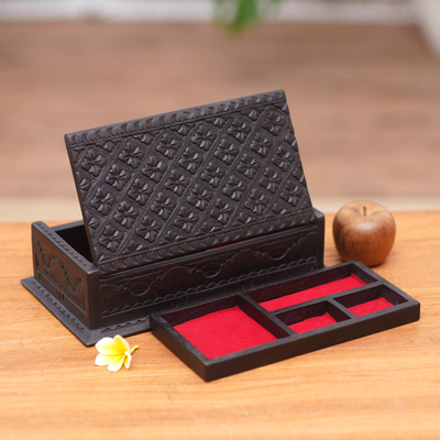 Wood jewelry box, 'Kawung Simplicity' - Hand-Carved Wood Lotus Kawung Jewelry Box Lined in Velvet