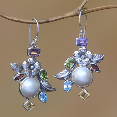 Multi-gemstone dangle earrings, 'Goddess Garden' - Multi-Gemstone Floral Dangle Earrings from Bali