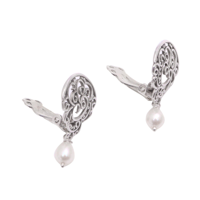 Cultured pearl clip-on earrings, 'Tangled Light' - Cultured Pearl Clip-On Dangle Earrings from Bali
