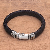 Leather braided wristband bracelet, 'Twining in Black' - Braided Black Leather and Sterling Silver Wristband Bracelet