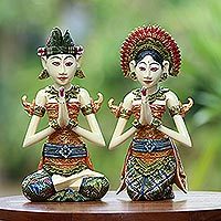 Wood sculptures, 'Balinese Bride and Groom' (pair) - Balinese Bride and Groom Handcrafted Wood Sculptures (Pair)