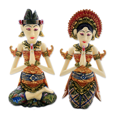 Wood sculptures, 'Balinese Bride and Groom' (pair) - Balinese Bride and Groom Handcrafted Wood Sculptures (Pair)