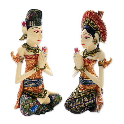 Wood sculptures, 'Balinese Bride and Groom' (pair) - Balinese Bride and Groom Handcrafted Wood Sculptures (Pair)