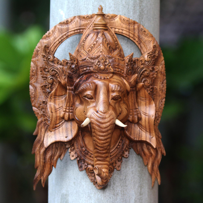 Wood mask, 'Natural Ganesha' - Lord Ganesha Hand Carved Wood Decorative Wall Mask from Bali