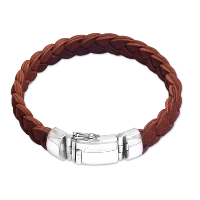 Men Braided Brown Leather Sterling Silver Wristband Bracelet
