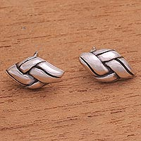 Sterling silver button earrings, 'Sophisticated Knot' - Handcrafted Sterling Silver Braid Motif Button Earrings