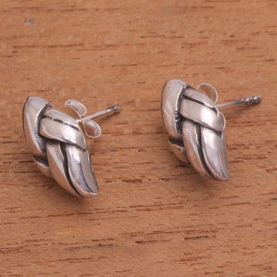 Sterling silver button earrings, 'Sophisticated Knot' - Handcrafted Sterling Silver Braid Motif Button Earrings
