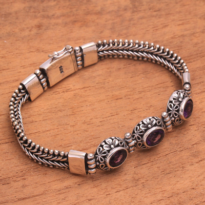 Amethyst pendant bracelet, 'Fascinating Petals' - Three-Stone Amethyst Pendant Bracelet from Bali