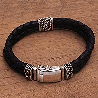 Men's leather braided wristband bracelet, 'Midnight Luxe' - Silver and Braided Brown Leather Men's Wristband Bracelet