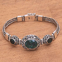 Quartz link pendant bracelet, 'Garden Glow' - Green Faceted Quartz Pendant Sterling Silver Link Bracelet
