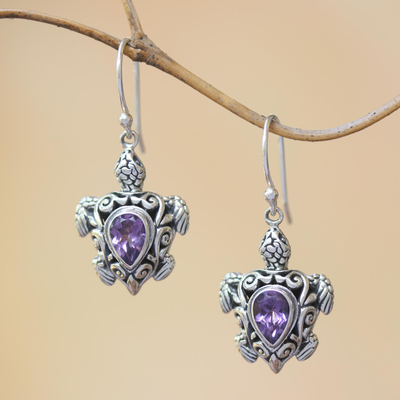 Amethyst dangle earrings, 'Penyu Paradise' - Sterling Silver Amethyst Openwork Sea Turtle Dangle Earrings