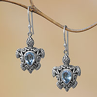 Blue topaz dangle earrings, 'Penyu Paradise' - Sterling Silver Blue Topaz Sea Turtle Dangle Earrings