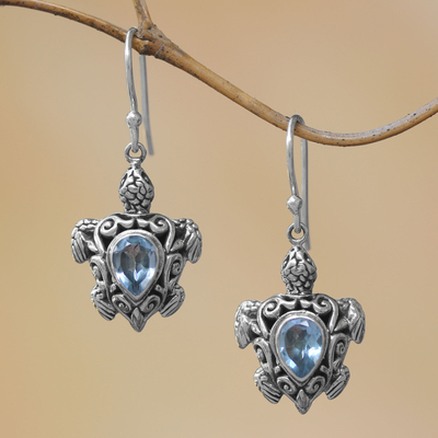 Blue topaz dangle earrings, 'Penyu Paradise' - Sterling Silver Blue Topaz Sea Turtle Dangle Earrings