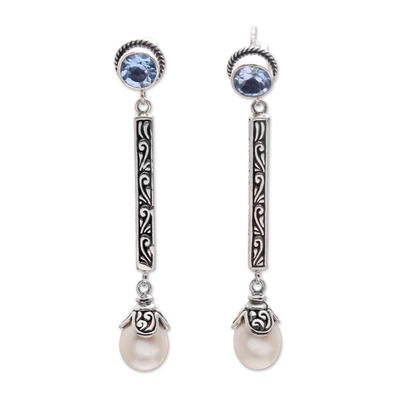 Cultured pearl and blue topaz dangle earrings, 'Mermaid Melody in Blue' - Blue Topaz and Cultured Pearl Elongated Dangle Earrings