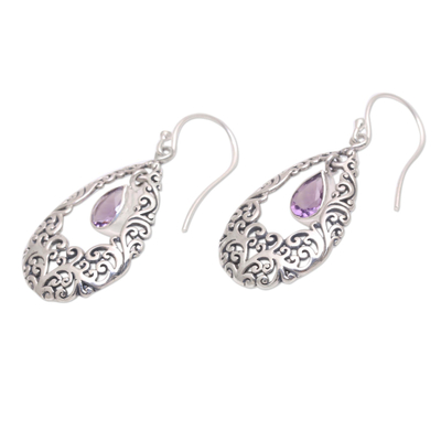 Amethyst dangle earrings, 'Curling Drops' - Amethyst Drop Dangle Earrings from Bali