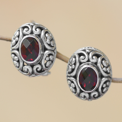 Garnet button earrings, 'Deep Allure' - Sterling Silver Faceted Garnet Button Earrings from Bali
