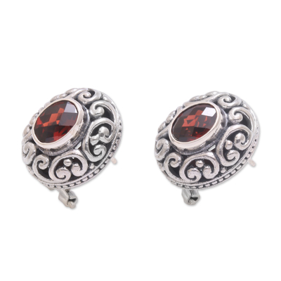 Garnet button earrings, 'Deep Allure' - Sterling Silver Faceted Garnet Button Earrings from Bali