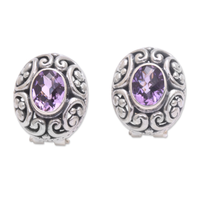 Amethyst button earrings, 'Deep Allure' - Sterling Silver Faceted Amethyst Button Earrings  from Bali