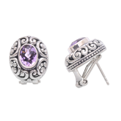 Amethyst button earrings, 'Deep Allure' - Sterling Silver Faceted Amethyst Button Earrings  from Bali
