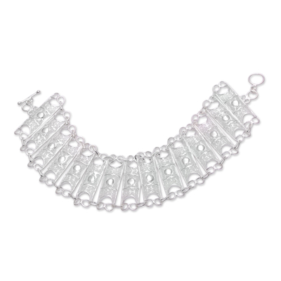 Sterling silver filigree link bracelet, 'Mataram Shield' - Handcrafted Javanese Sterling Silver Filigree Link Bracelet