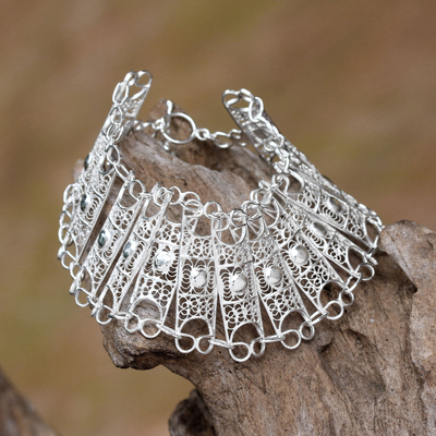 Sterling silver filigree link bracelet, 'Mataram Shield' - Handcrafted Javanese Sterling Silver Filigree Link Bracelet
