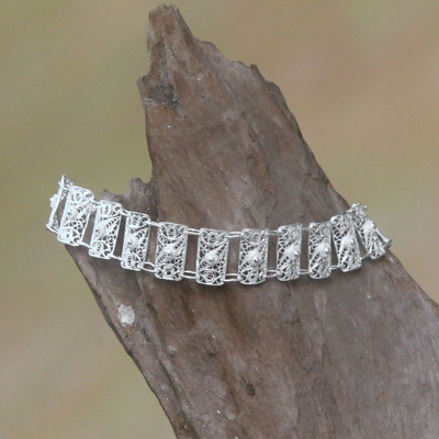Sterling silver filigree link bracelet, 'Tameng' - Sterling Silver Filigree Openwork Link Shield Bracelet
