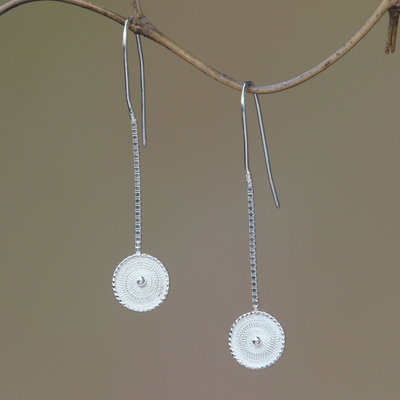 Sterling silver filigree dangle earrings, 'Chakra Pendulum' - Sterling Silver Chakra Chain Disc Pendulum Dangle Earrings